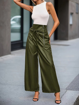 High Waist Loose-fit PU Leather Pants Zipper Pants