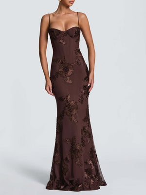 3D Embroidered Backless Cross-Strap Spaghetti Strap Long Dress