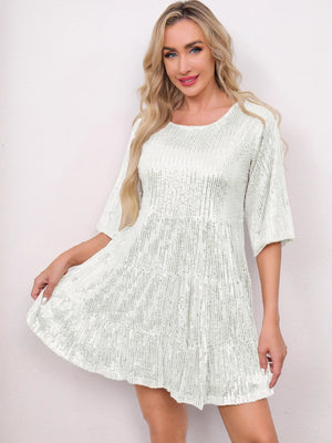 Sequins Pleated Multi-story Crew Neck Short Sleeve Mini&Short Dresses