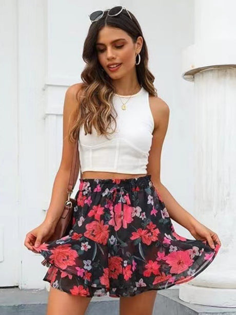 Floral Pleated Short Skirt
