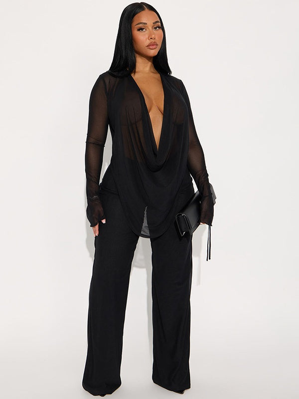 Mesh Halter Neck Tie Long-sleeved Top And Slim-fit Trousers Two-piece Set