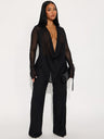 Mesh Halter Neck Tie Long-sleeved Top And Slim-fit Trousers Two-piece Set