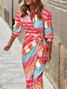 Wrap-up Shirt Collar Lace Up Printed Maxi Dresses