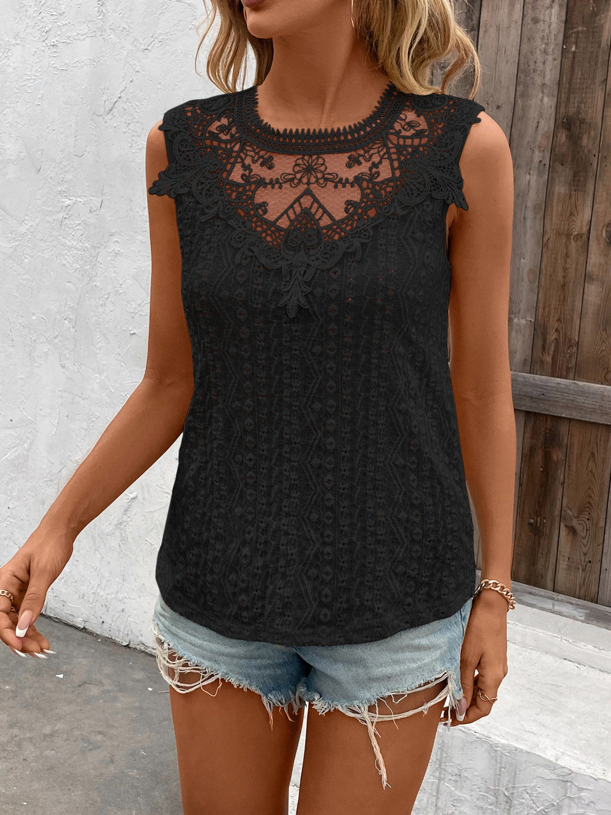 Lace Collar Hollow Out Splicing Crochet Tank Tops