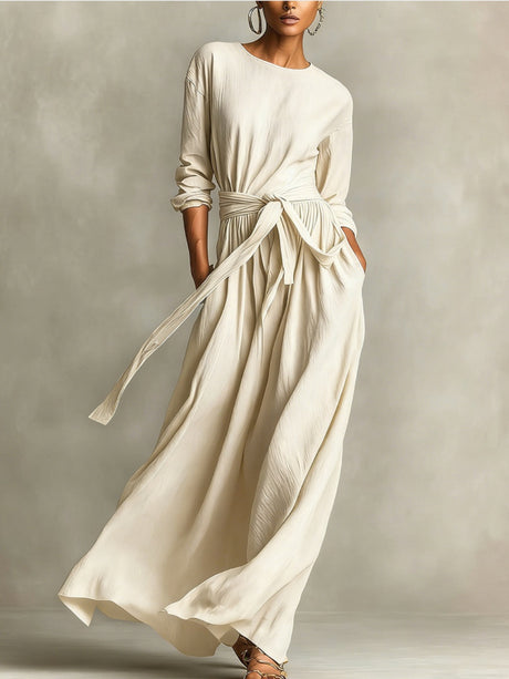 Elegant Brown Woven Long-sleeved Round Neck Long Dress