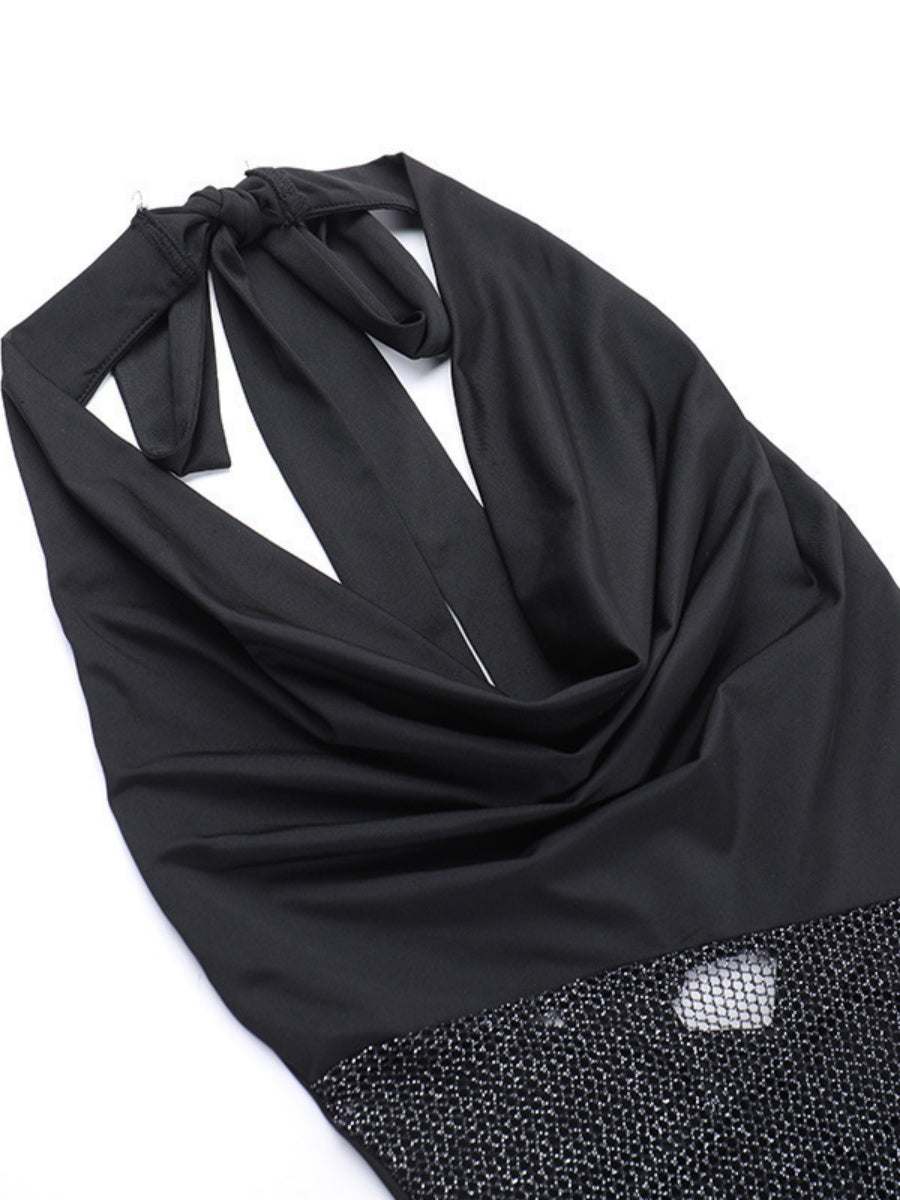 【EXPÉDITION NORMALE】Robes courtes et mini dos nu à col drapé et empiècements en maille scintillante