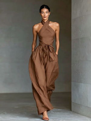 Lace-up Linen Cross-strap Wide-leg Jumpsuit