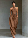 Lace-up Linen Cross-strap Wide-leg Jumpsuit