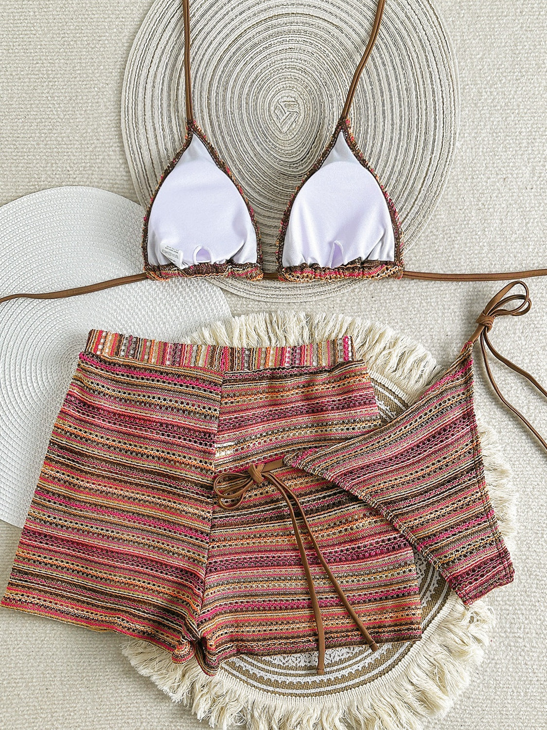 Knitted Color-blocked Beach Shorts Halter Bikini Three-piece Set
