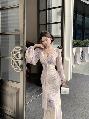 [Slip Dress + Floral Cardigan] Sexy Two-Piece Set With Printed V-Neck Lace Trim And Slim Fit