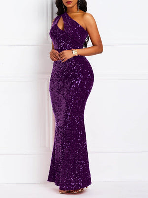 Sequins One-shoulder Backless Fish Tail Evening Gown Maxi Dresses