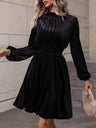 High Collar Gold Velvet Puff Sleeve Hit Long-sleeved Short Dress