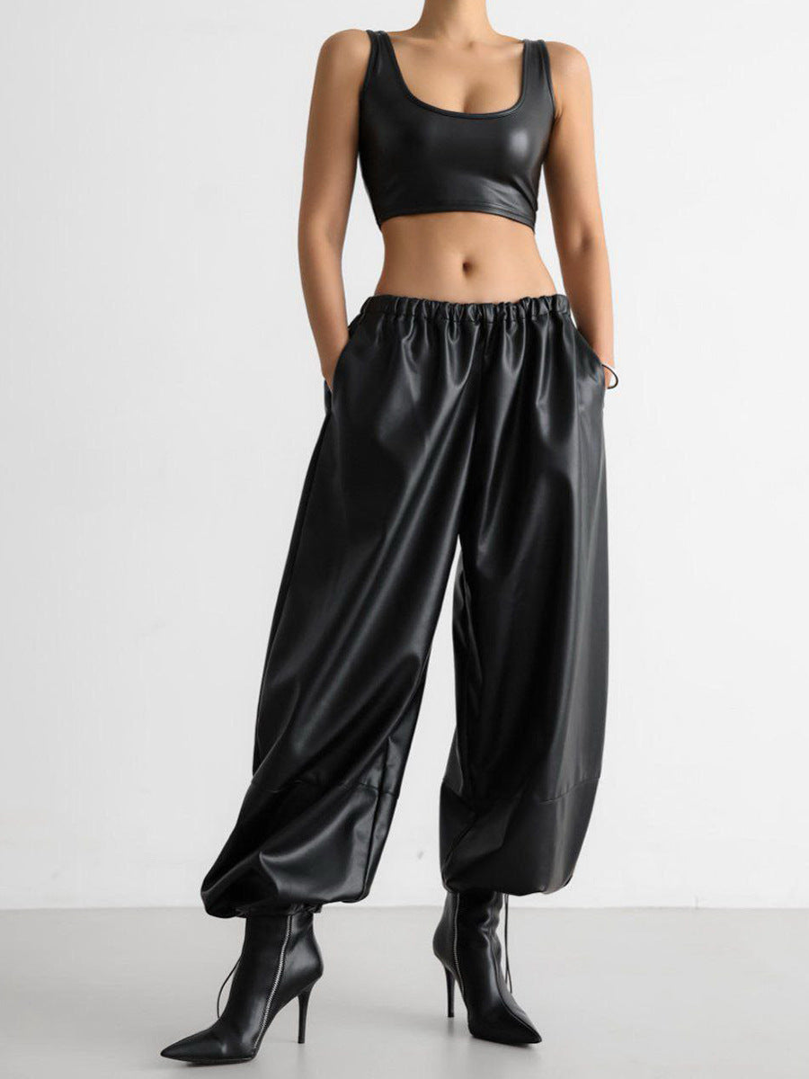 Drawstring Ankle Lantern Pants Loose Leather Pants PU Leather Trousers