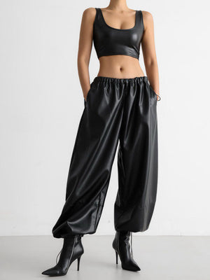 Drawstring Ankle Lantern Pants Loose Leather Pants PU Leather Trousers