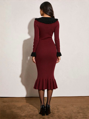 French-style Ruffled Knit Sweater Dress