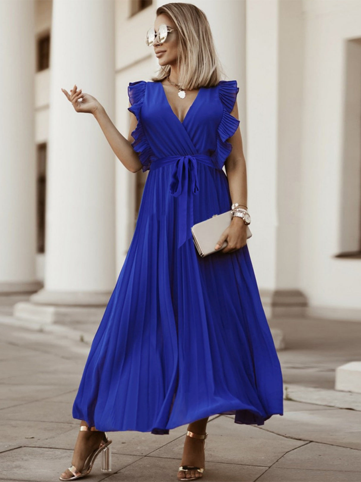 Lotus Leaf Sleeves Bow Chiffon Pleats Vacation Style Maxi Dresses