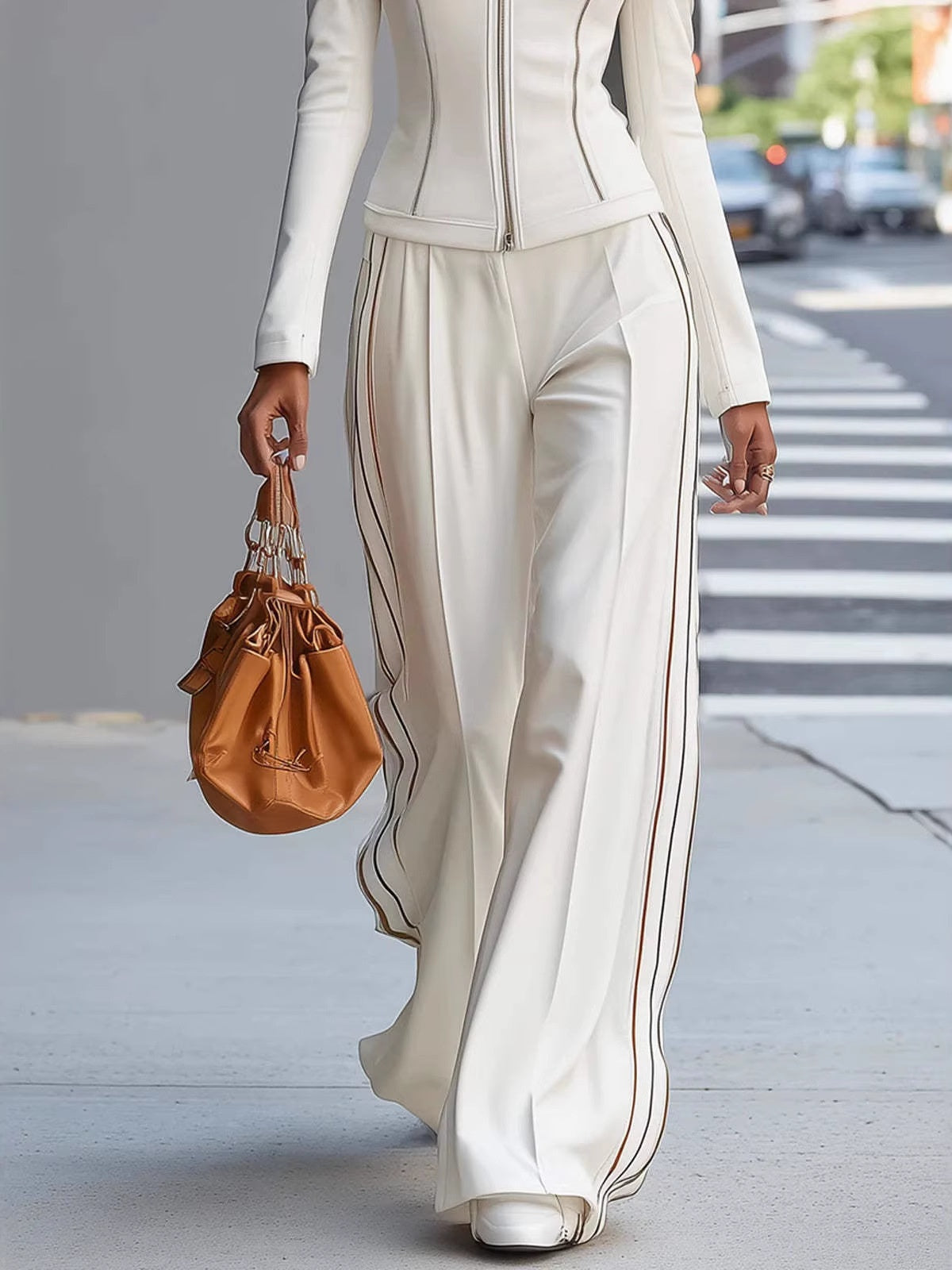White Solid Color Rayon Slim Fit Casual Sports Long-sleeved Two-piece Set