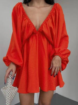 Pleated V-neck Puff Sleeves Large Skirt High-waisted Mini&Short Dresses