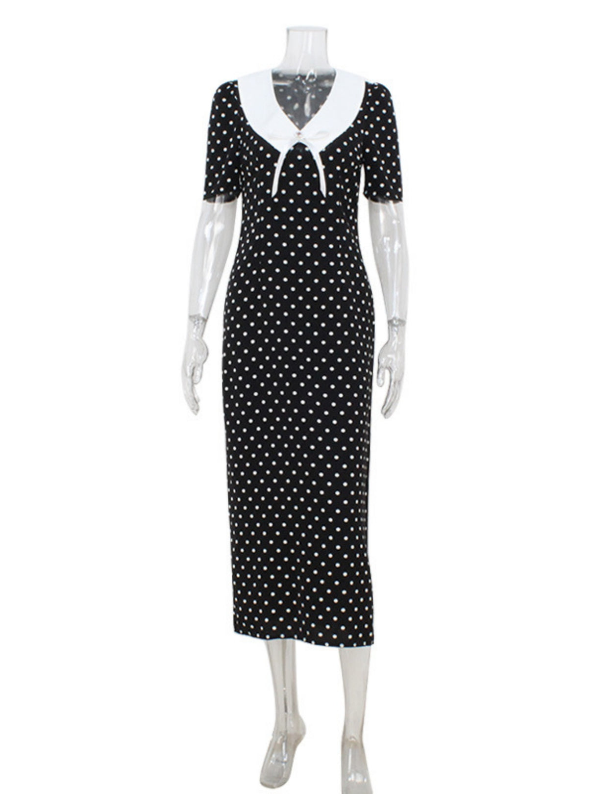 Polka Dots Color-blocked Puff Sleeve Bodycon Slimming Maxi Dresses