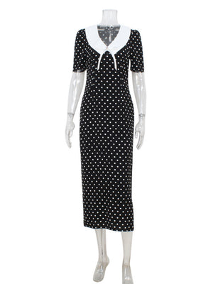 Polka Dots Color-blocked Puff Sleeve Bodycon Slimming Maxi Dresses