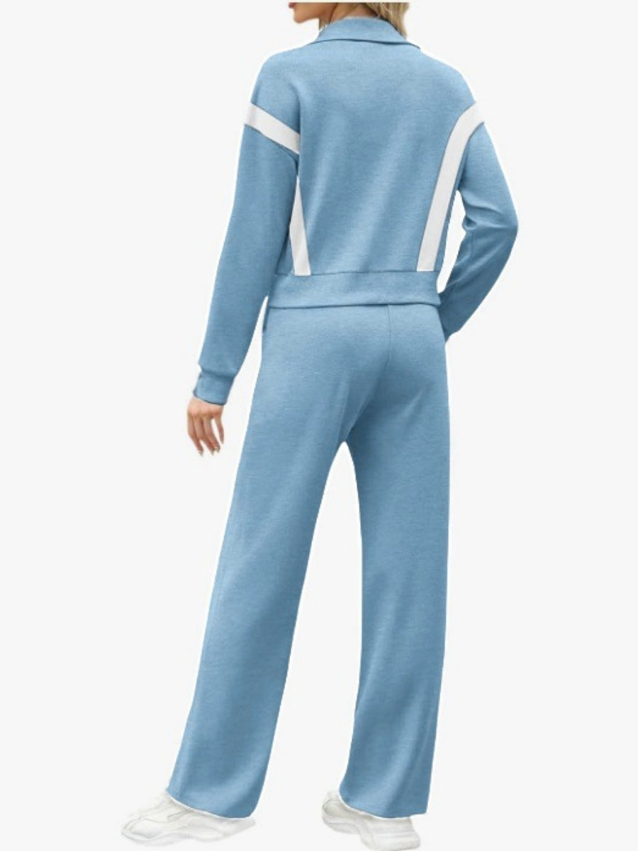 Long Sleeve Coat Stripes Splicing Sports Straight-leg Pants 2-piece Sets