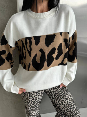 Liber Autumn women's leopard print clothing Raglan sleeve paneled pullover sweater