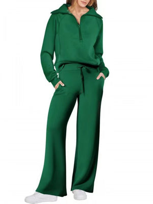 Women's Casual Sportswear Set: Zippered Long-Sleeved Sweatshirt And Wide-Leg Pants Two-Piece Set