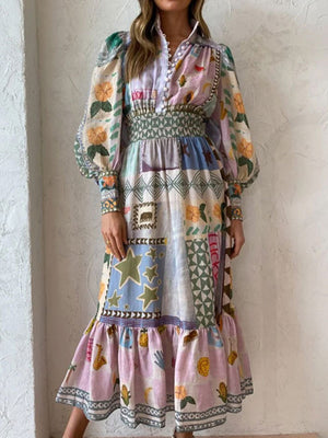 Robes maxi bohèmes à imprimé floral, col polo et manches lanternes