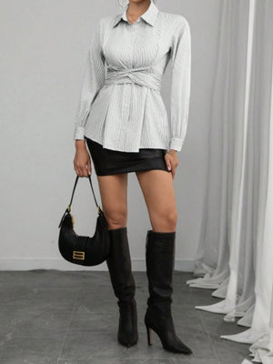 Stripes Long Sleeves Irregular Belt Shirts
