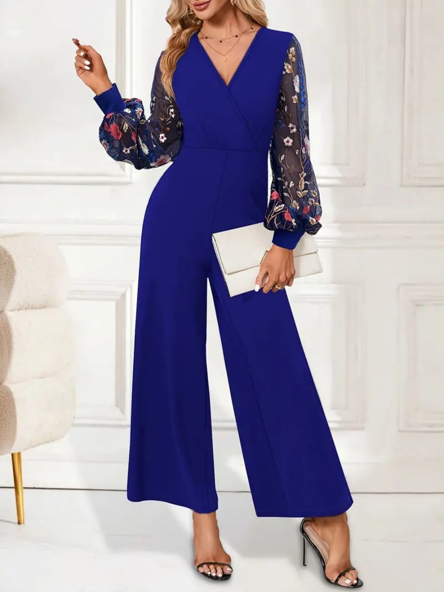 Blue V-neck Patchwork Embroidered Lantern Sleeves Bell-bottoms Commuting Jumpsuits