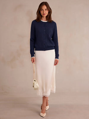 Cable Knit Color-blocked Trim Faux Two-piece Round Neck Knit Cardigan