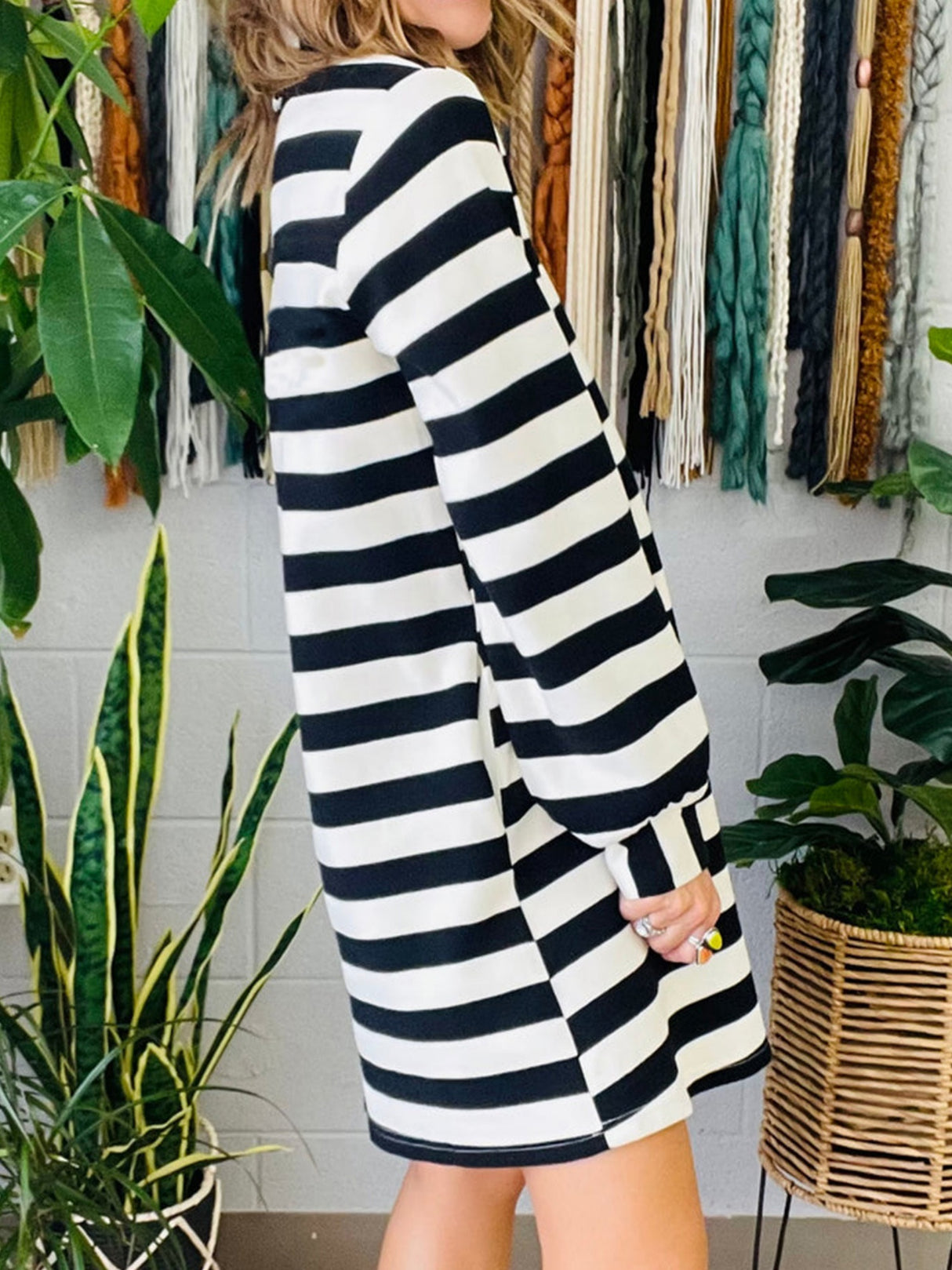 Stripes Color Matching Polo Collar Pocket Long-sleeved Midi Dress