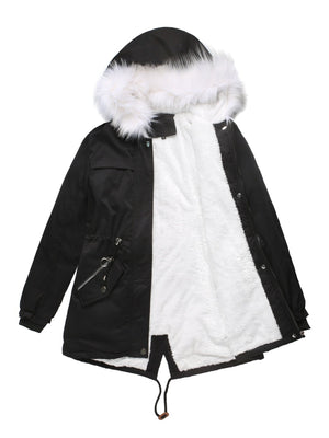 With Fur Collar Fleece Lined Hooded For Warmth Drawstring Pocket Down Jacket