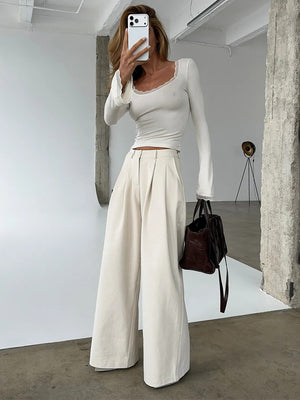 High-waisted, Pleated, Slimming Wide-leg Trousers For Work