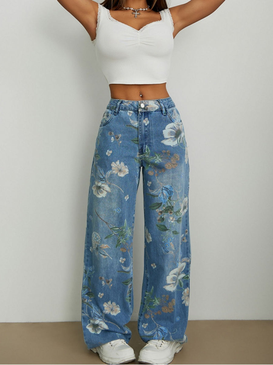 Loose Straight Wide Leg Floral Printed Jeans