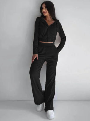 Liber Autumn women's clothing zipper Hooded long-sleeved cardigan two-piece set