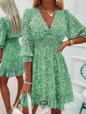 Floral V-neck Short Sleeve Ruffle Mini&Short Dresses