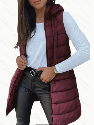 Mid-length Hooded Design Keep Warm Leisure Zipper Pocket Quilted Vest