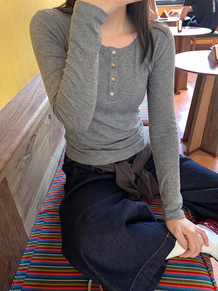 Korean Style Henley Collar Top With Straight Shoulders