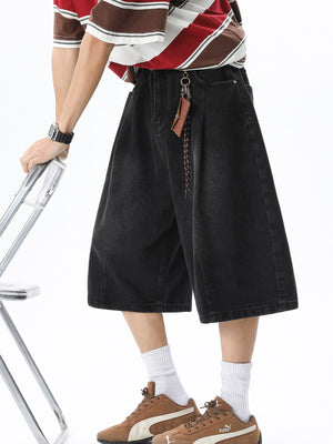Distressed Washed Gathering 7 Points Denim Shorts