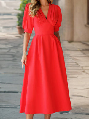 V-neck Lantern Sleeves Pleated Waist Maxi Dresses