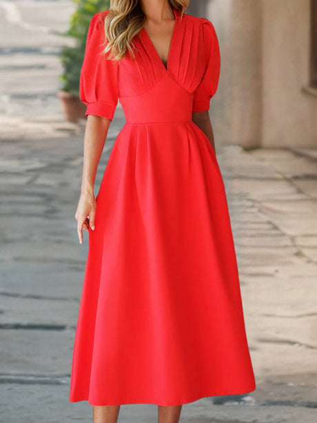 V-neck Lantern Sleeves Pleated Waist Maxi Dresses