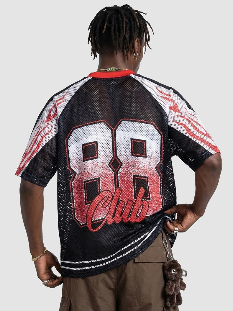 Flame Printed Net Hole Jersey Loose-fit Breathable T-shirts