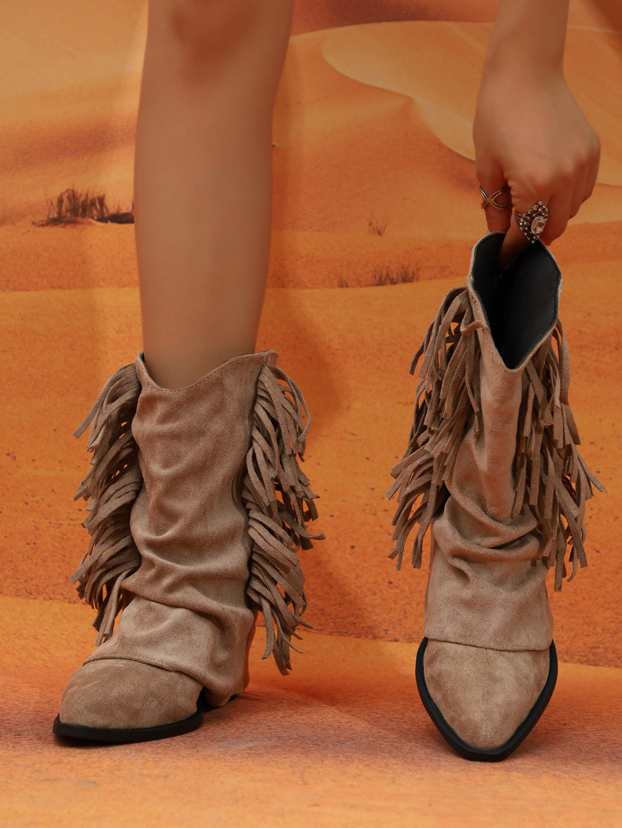 Tasseled Pleated Suede Western Women's Ankle Boots