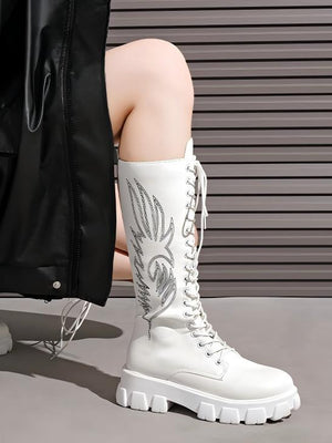 Lace-up Zippered Knee-high Platform Embroidered Vintage Women's Boots