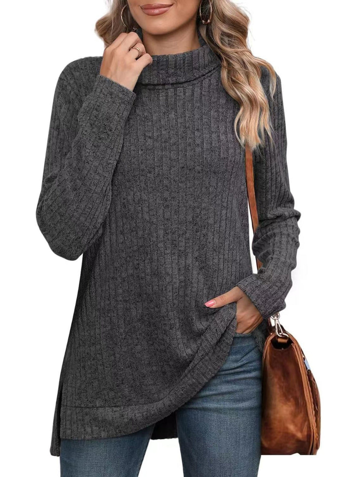 Threaded Groove Strip High Neck With Slits Long Sleeves T-shirts