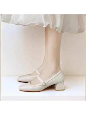 Liber Spring and Autumn Pearl Women's High Heel Mary Jane Shoes