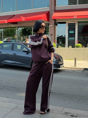 Women's Vertical Striped Three-Stripe Tracksuit Stand-up Collar Zip-up Jacket And High-waisted Wide-leg Trousers Two-piece Set