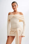 Off-the-shoulder Long-sleeved Tie-up Short Knit Dress