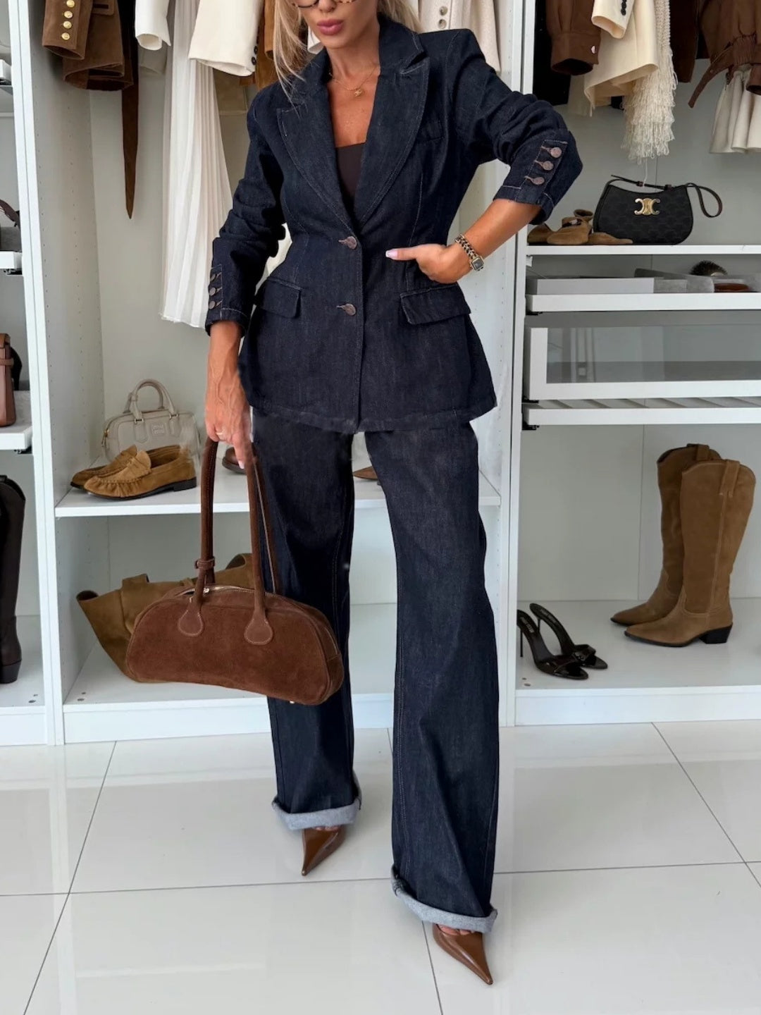 Denim Waist Buttons Blazers Straight Leg Jeans 2-piece Sets